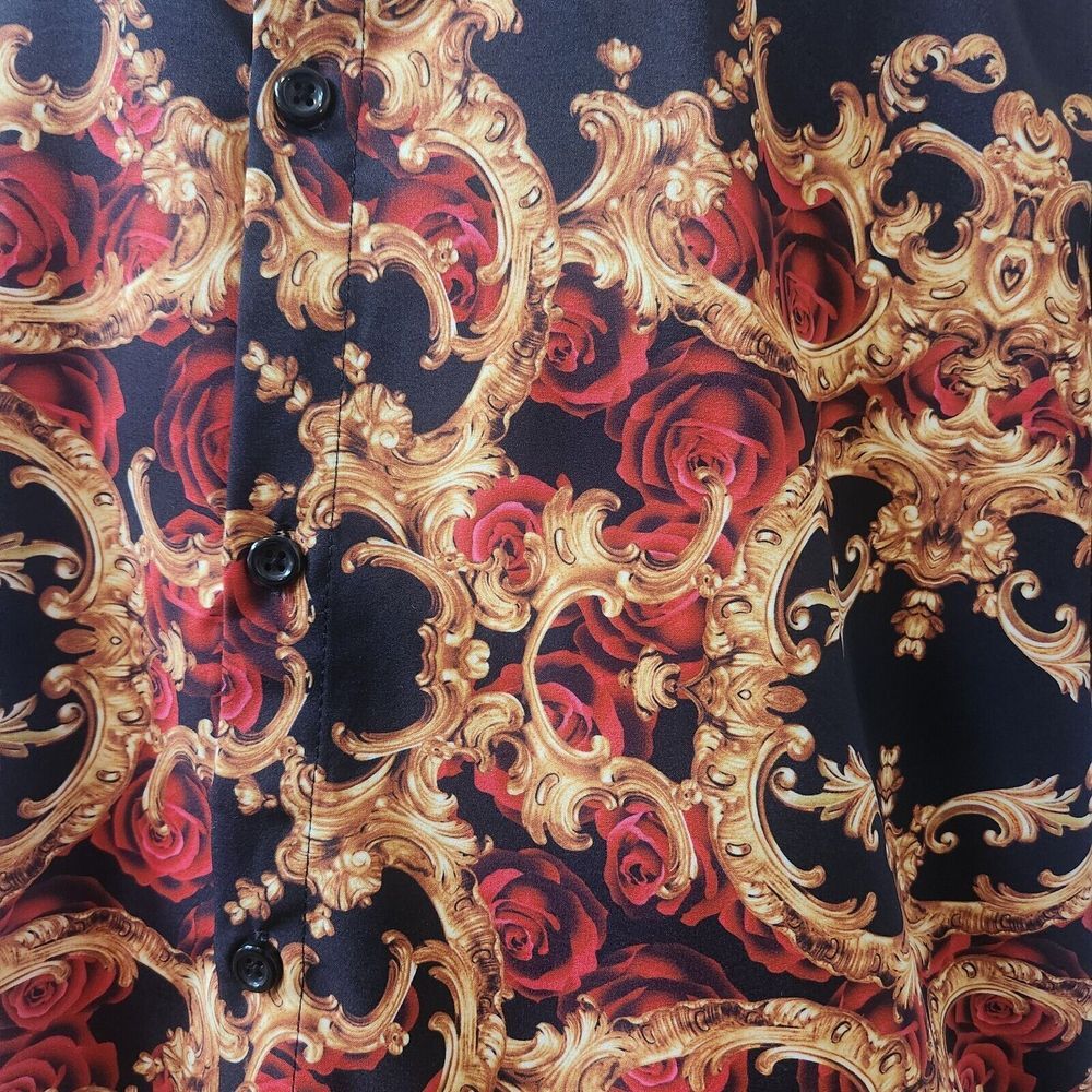 Baroque Gold By Drill Clothing Co. Gold And Red Roses Button Down Shirt 2XL - Picture 2 of 6